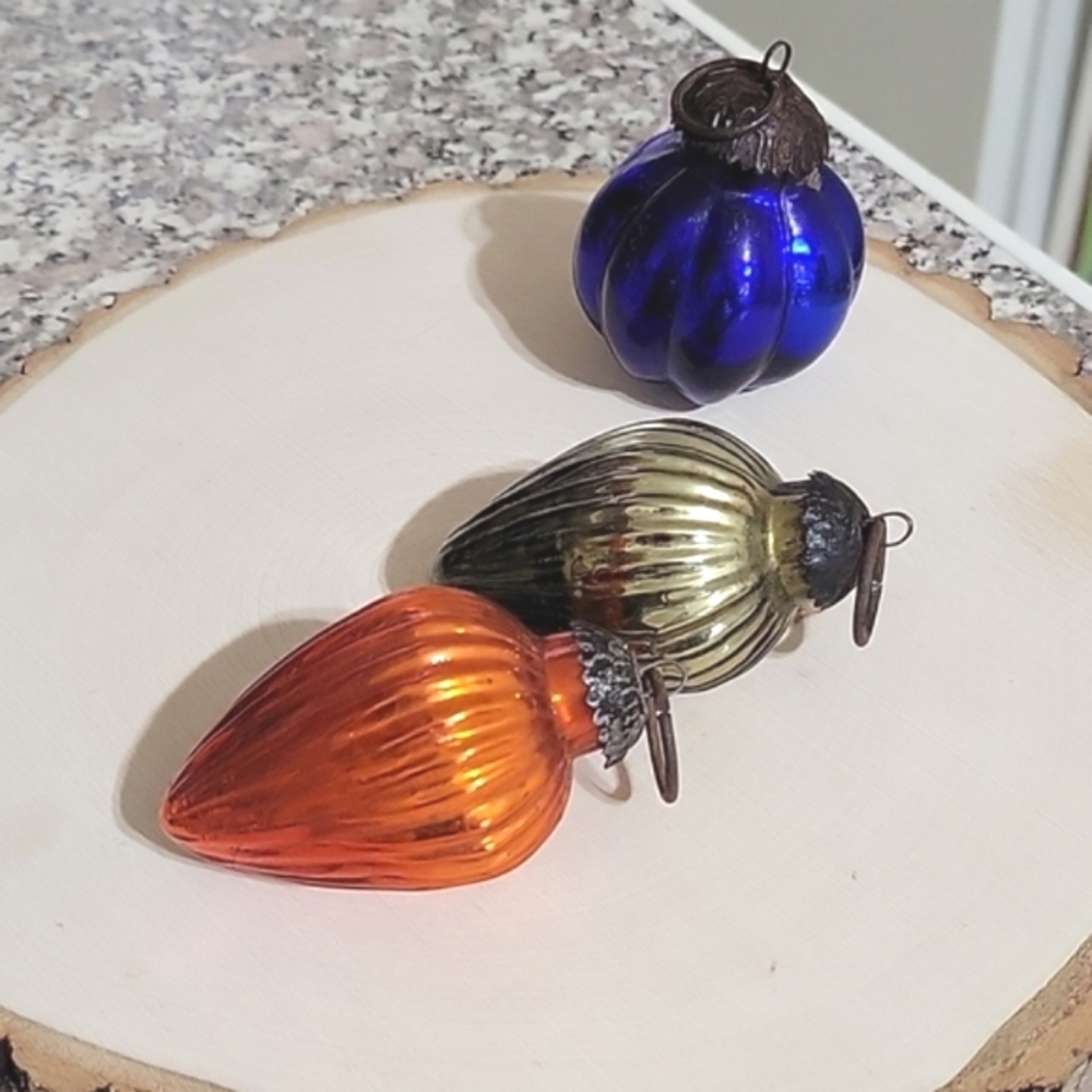 Three Vintage German Kugel Christmas Glass Ribbed Ornaments